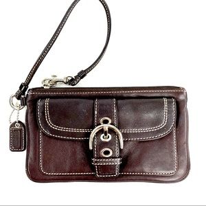 Coach Brown Leather Buckle Accent Wristlet Tassel Wallet Clutch Purse